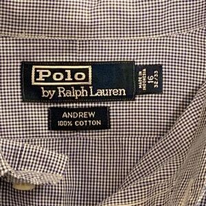 Ralph Lauren Polo Button Front Long Sleeve Poplin Shirt Blue Check 16 32/33